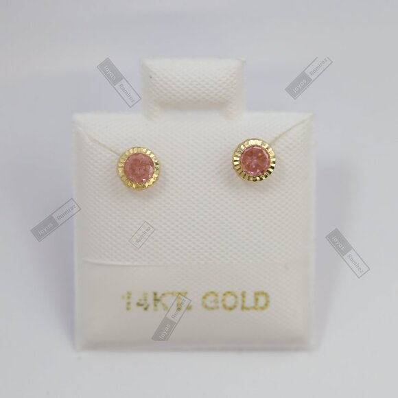 14K Solid Yellow Gold Round Pink CZ Stud Earrings • 4mm Feminine Elegant Design. - Picture 1 of 9